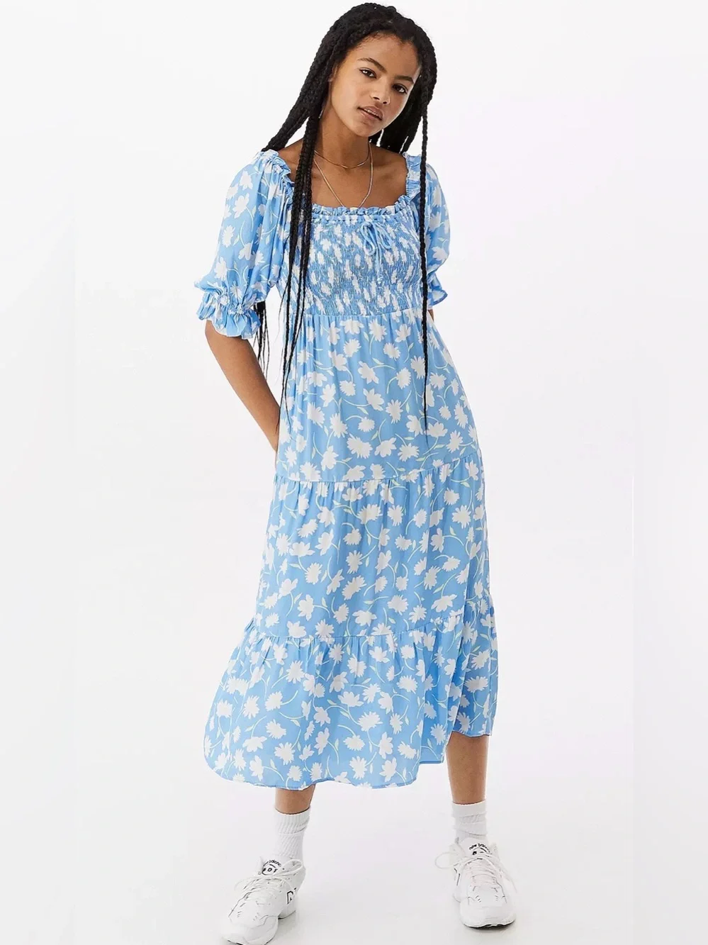 Faithfull The Brand Leyla Smocked Midi Dress Blue Floral Puff Sleeve Size S - Picture 15 of 16